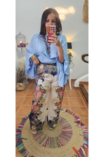 Pantalón estampado flores azul