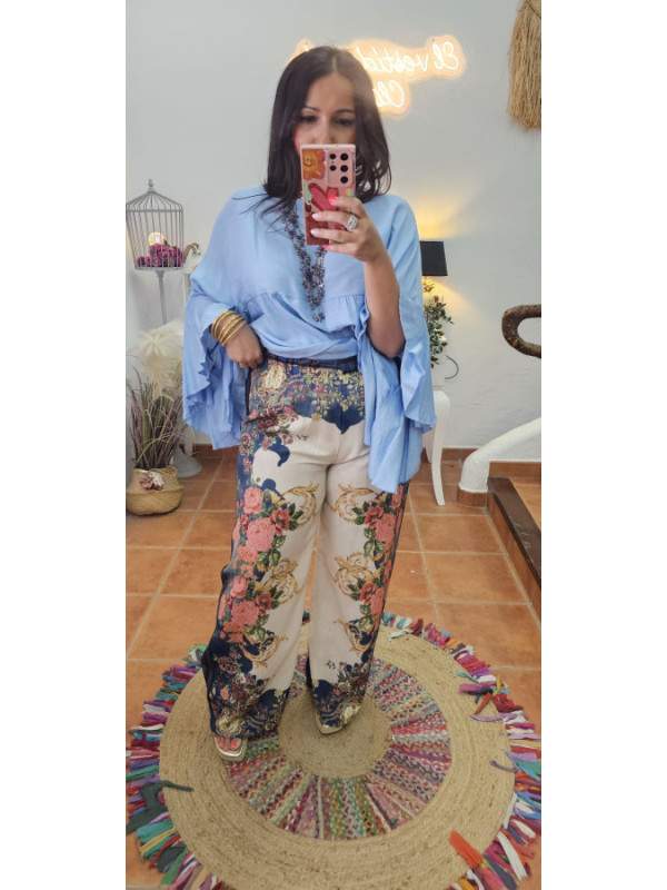 Pantalón estampado flores azul