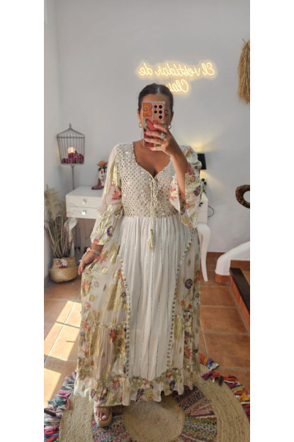 Vestido largo oro flores 