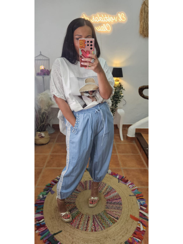 Pantalón bombazo perlas croché 