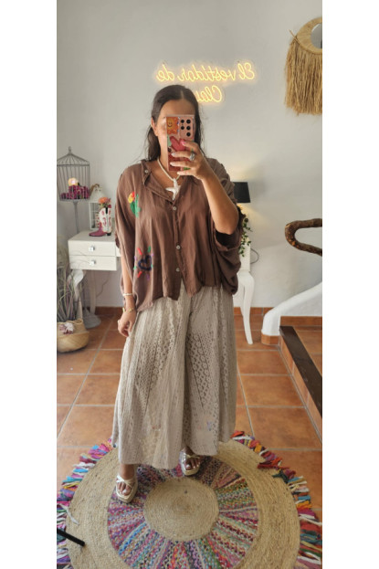 Pantalon encaje gris/beige