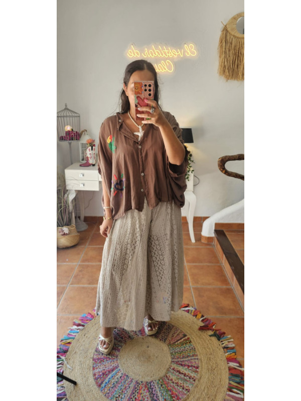 Pantalon encaje gris/beige