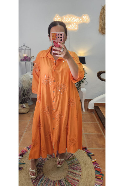 Vestido camisero naranja brillos 