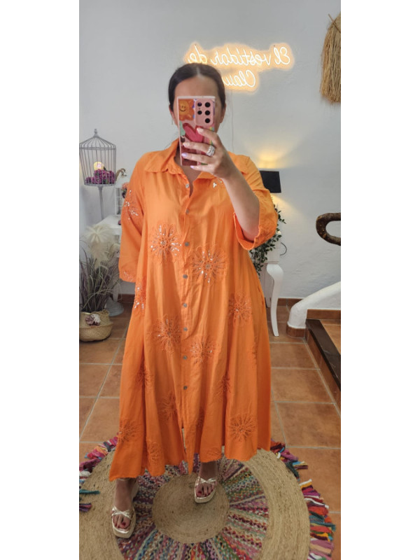 Vestido camisero naranja brillos 