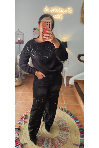 Jeans croché brillos perlas negro 