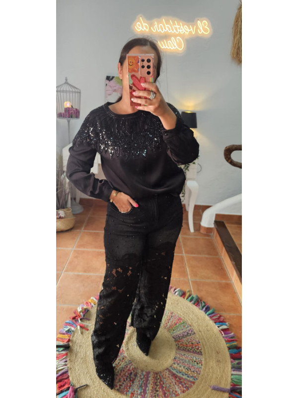 Jeans croché brillos perlas negro 