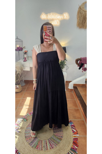 Vestido negro tirante beige 