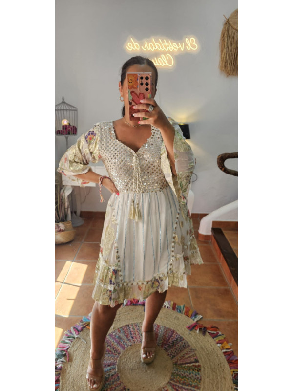 Vestido corto oro flores 