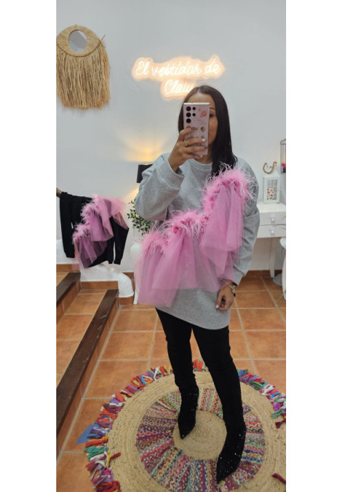 Sudadera tul plumas gris