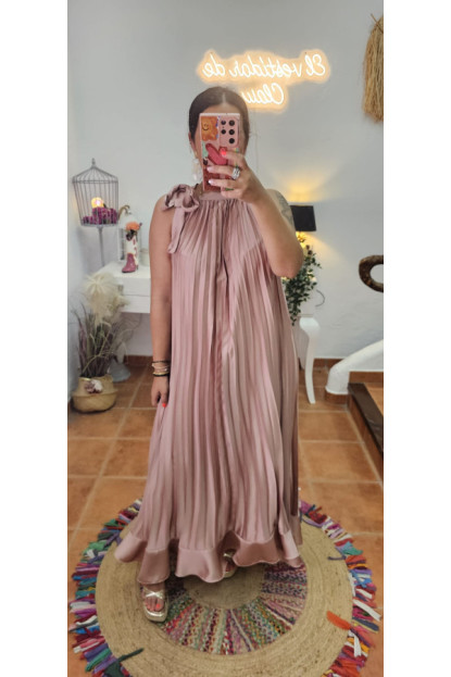 Vestido lazo plisado nude 
