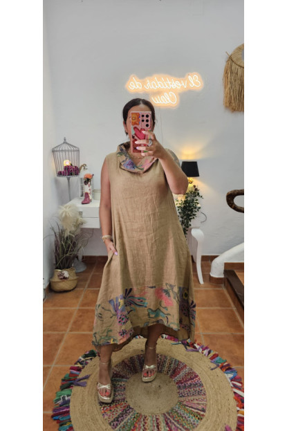 Vestido lino cuello flores 