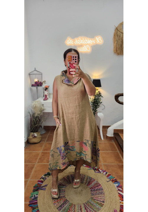 Vestido lino cuello flores 