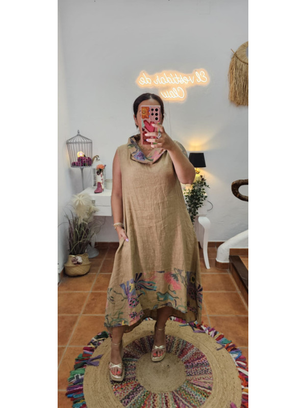 Vestido lino cuello flores 
