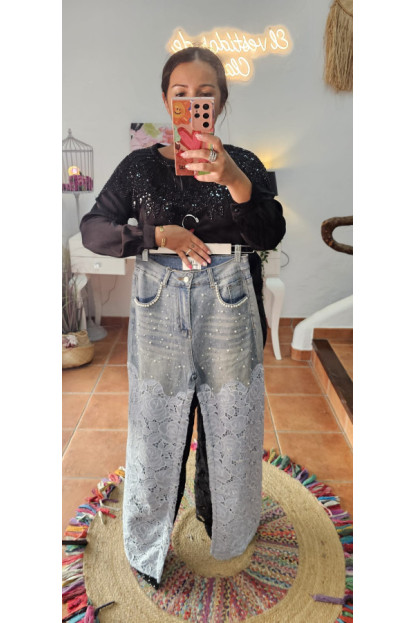 Jeans croché brillos perlas vaquero 