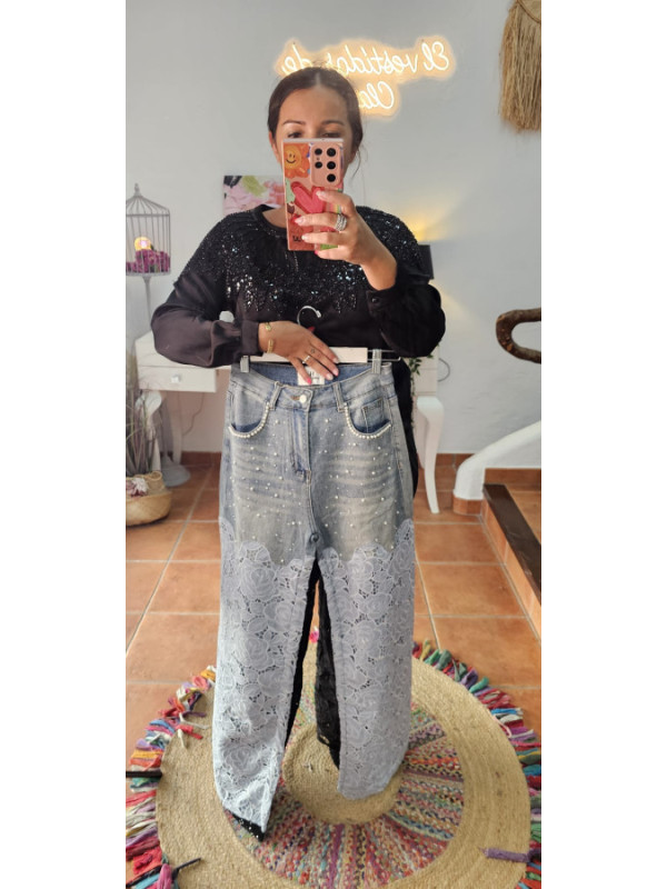 Jeans croché brillos perlas vaquero 