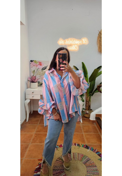 Blusa rayas bordada mangas volantes 