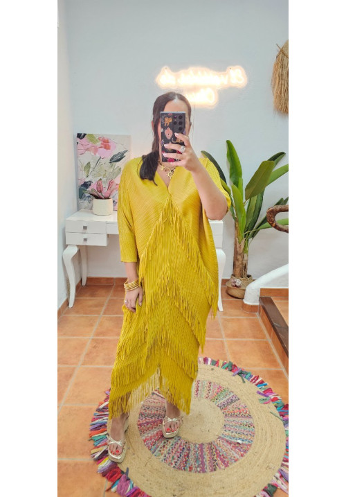 Vestido muelle flecos mostaza 