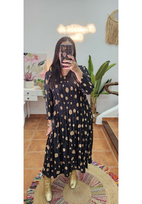 Vestido muelle negro lunares oro