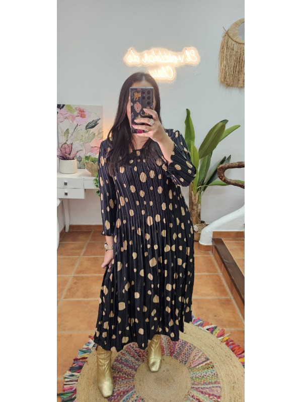 Vestido muelle negro lunares oro