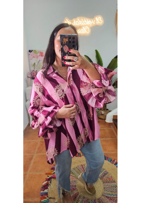Blusa rayas bordada mangas volantes 