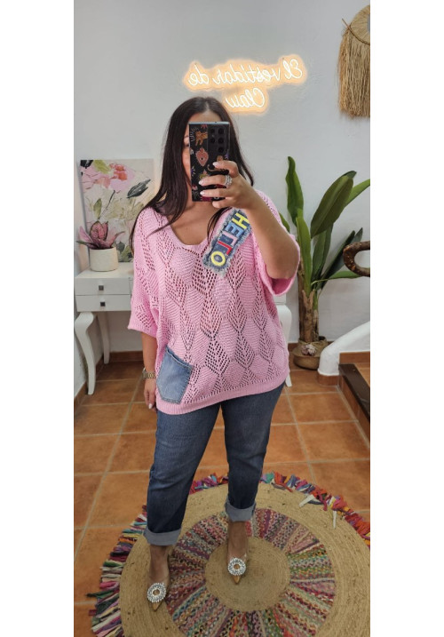 Jersey calado denim rosa 