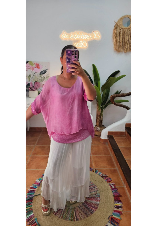 Blusa seda  rosa brillos 