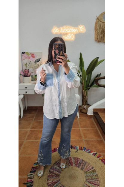 Camisa calado flores denim