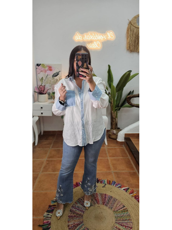 Camisa calado flores denim