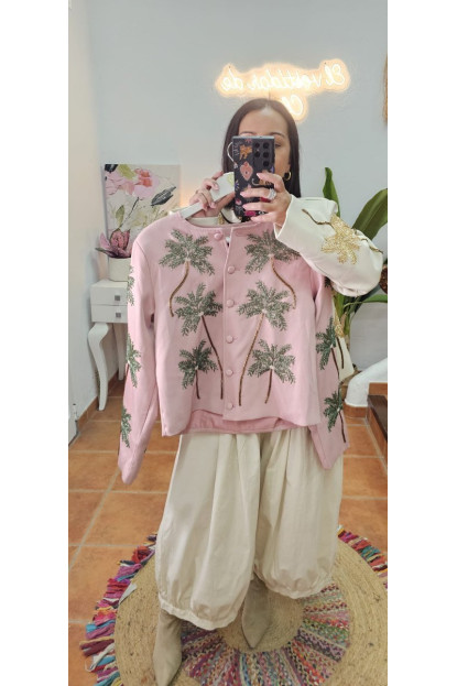 Chaqueta bordado palmeras rosa