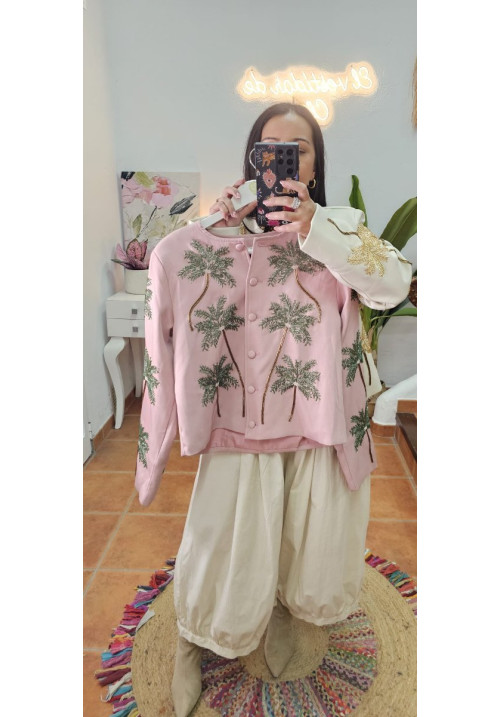 Chaqueta bordado palmeras rosa