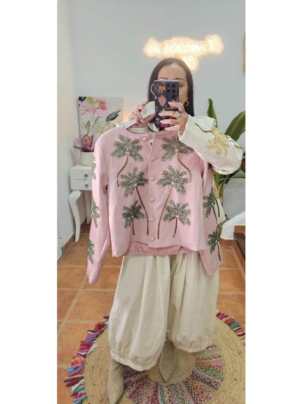 Chaqueta bordado palmeras rosa