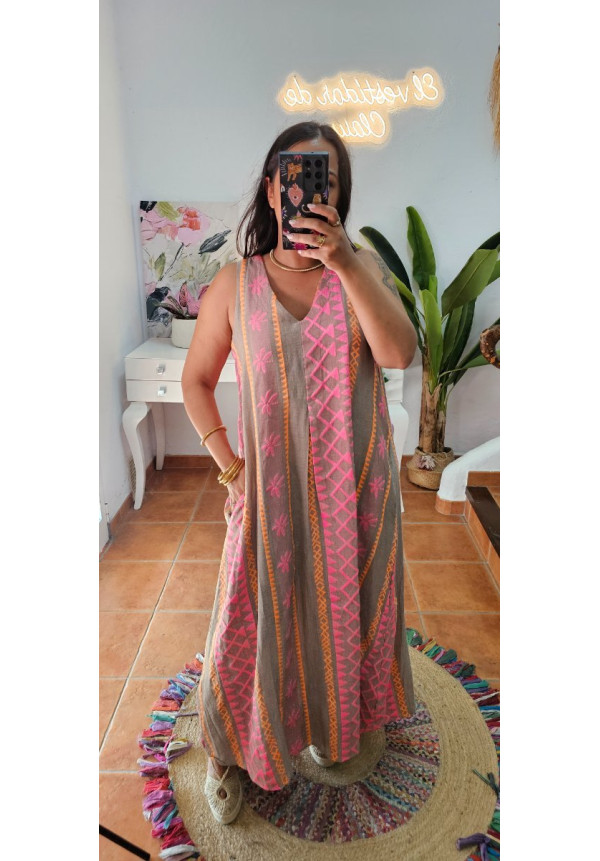 Vestido bordado rosa palmeras 