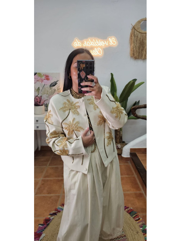 Chaqueta bordado palmeras crudo 