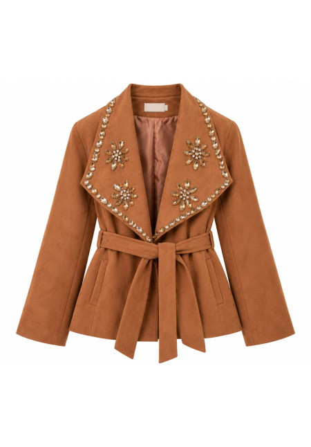Chaqueta antelina lazada solapa joyas 