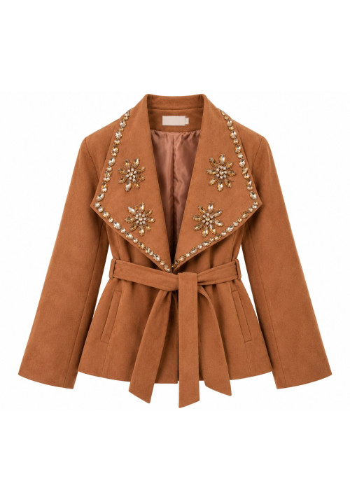 Chaqueta antelina lazada solapa joyas 