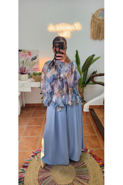 Blusa gasa volantes estampado azul