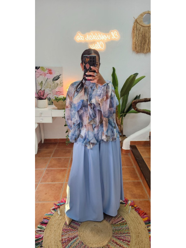 Blusa gasa volantes estampado azul