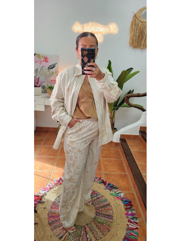Pantalón rayas lentes bordadas 