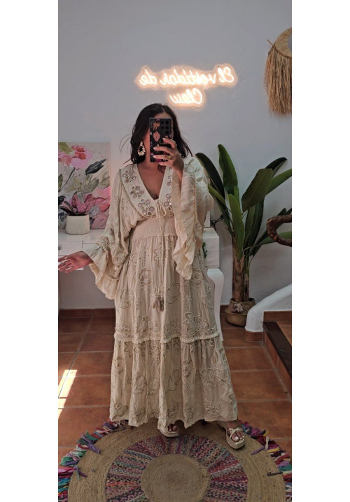 Vestido crudo boho perlas bordados