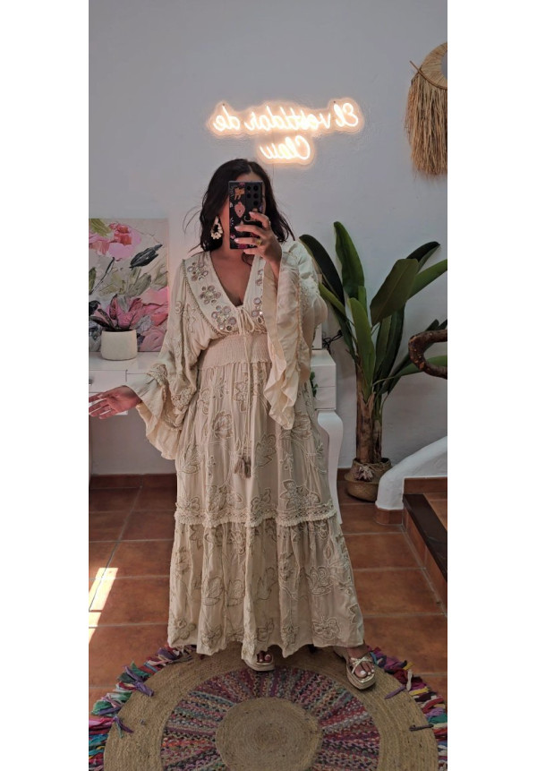 Vestido crudo boho perlas bordados