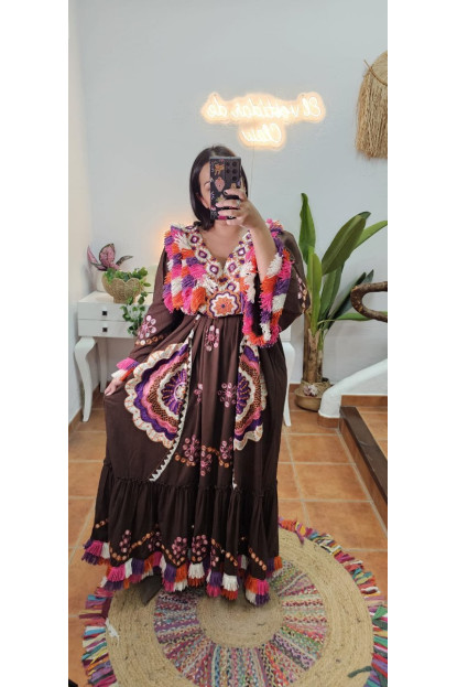 Vestido bordado India Marron