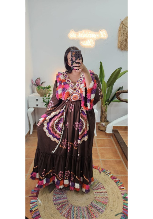 Vestido bordado India Marron