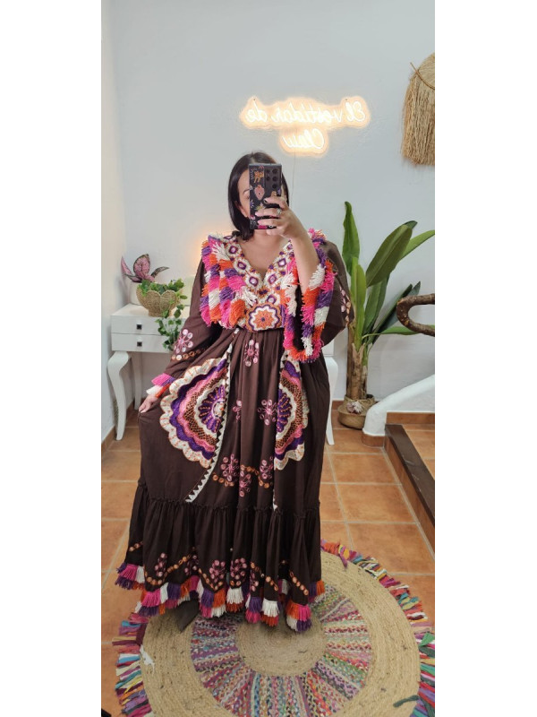 Vestido bordado India Marron