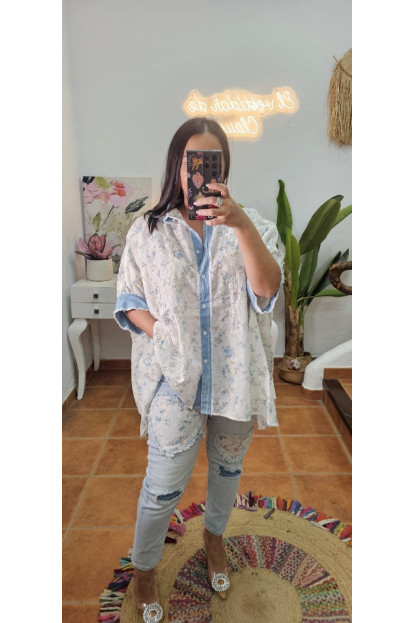 Blusa flores denim conjunto 