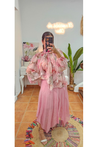 Blusa volante gasa flores rosa 