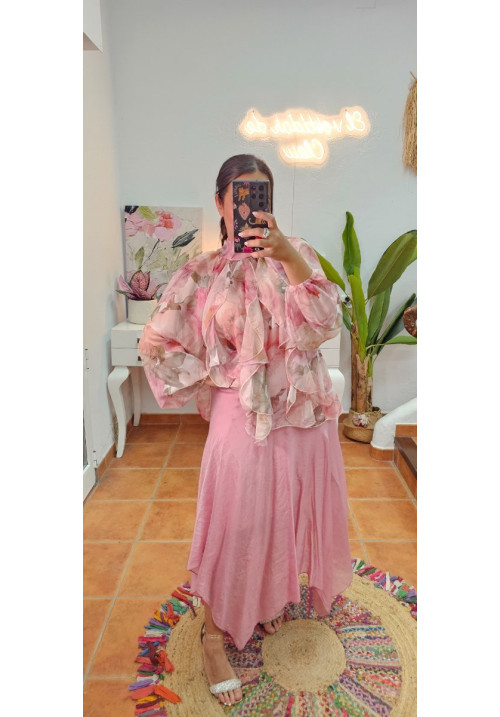 Blusa volante gasa flores rosa 