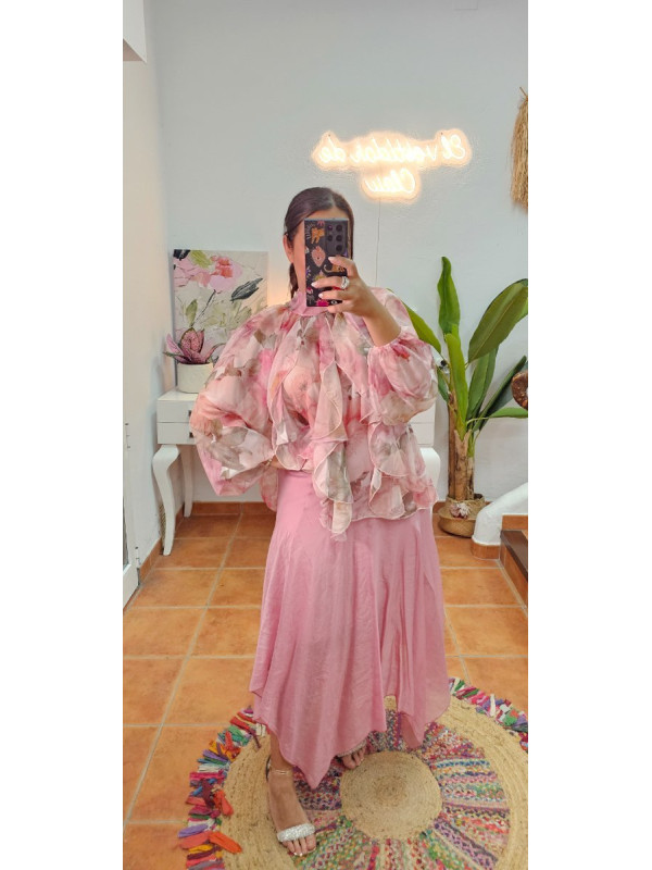 Blusa volante gasa flores rosa 