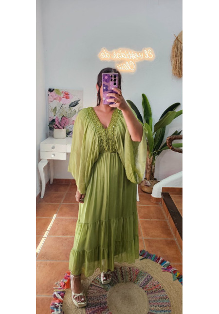 Vestido seda verde brilllos