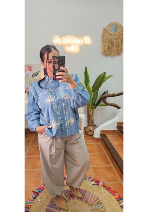 Camisa denim volantes bordados
