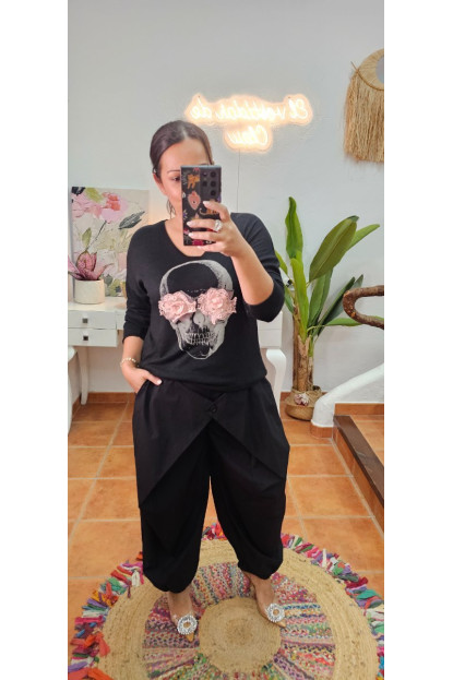 Jersey calavera flor negro